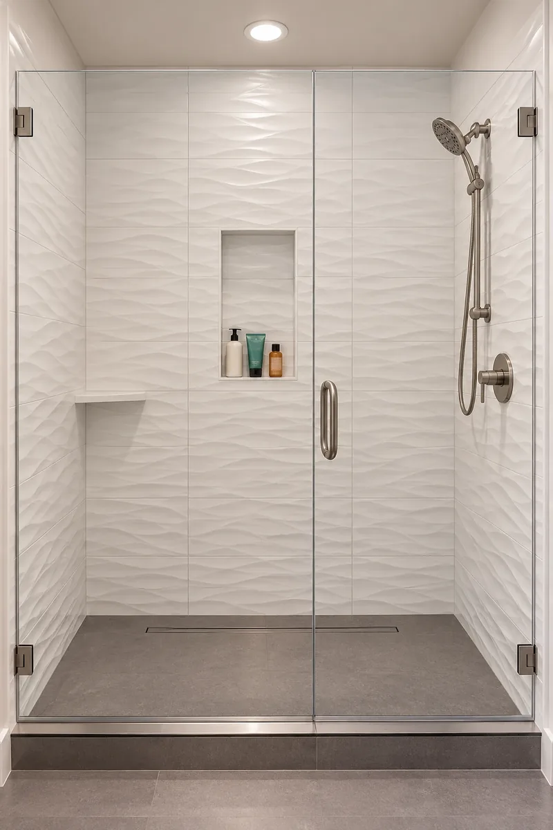 Walk-in shower with white wave-textured wall tile, a recessed niche, linear drain and frameless glass