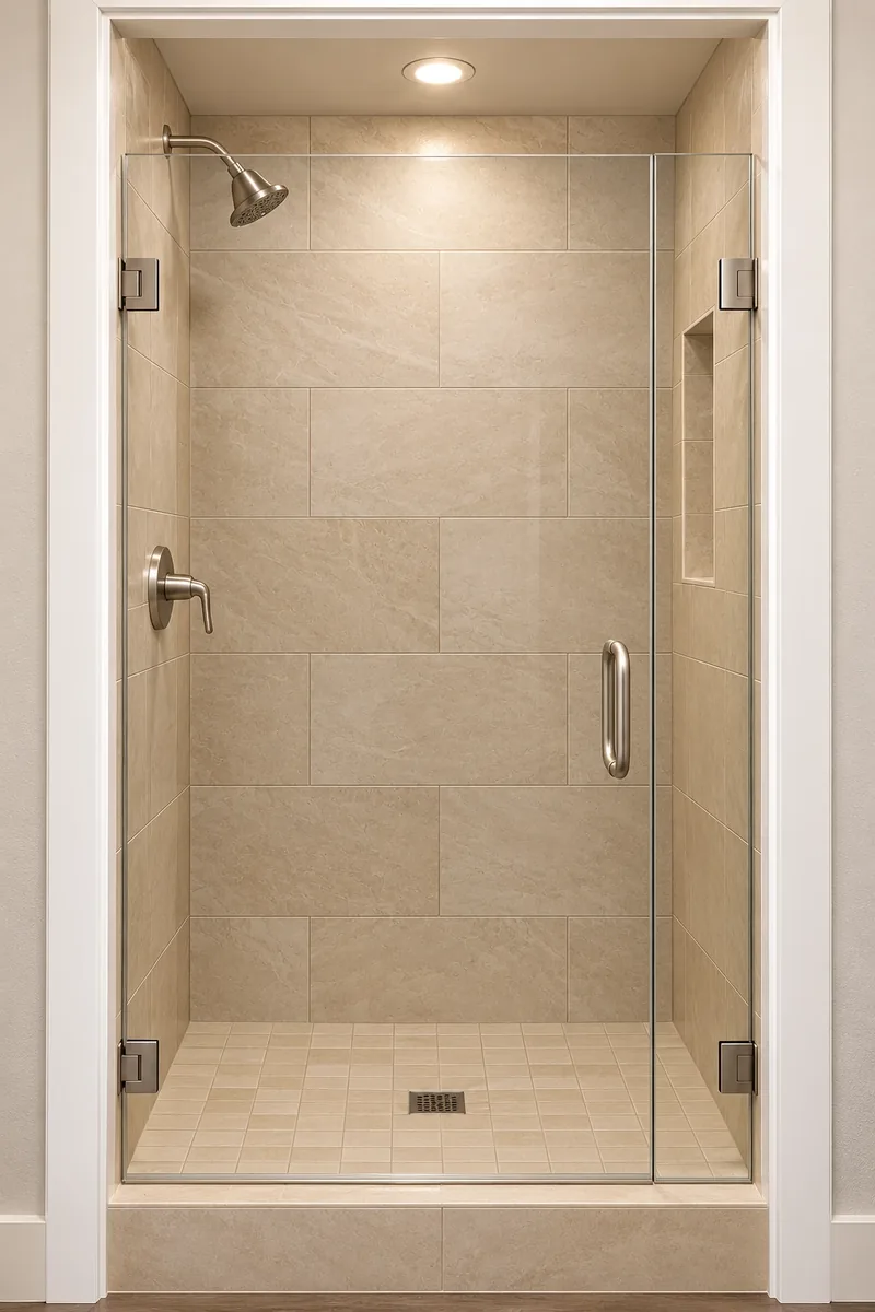 Walk-in shower with large-format beige tile, a recessed niche and a frameless glass door