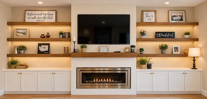 Living room built-ins: floating wood shelves with lighting, white base cabinets and a linear fireplace