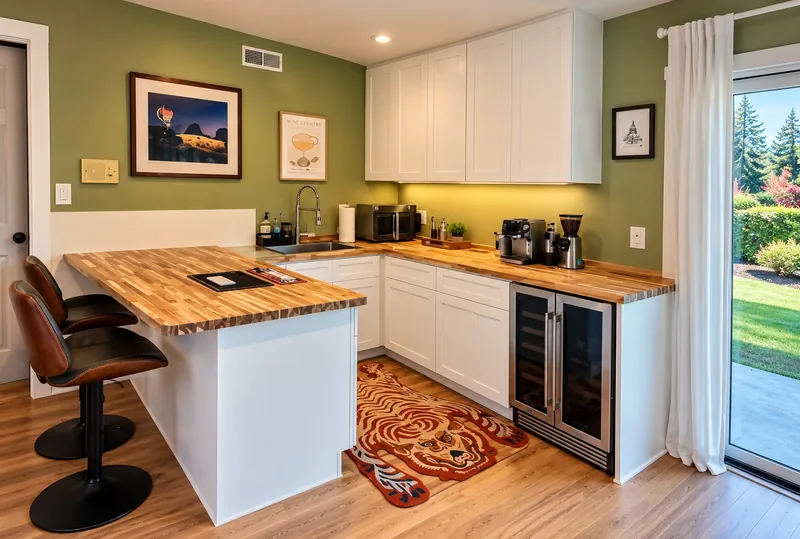 Kitchen with white shaker cabinets, butcher-block counters and a peninsula with bar seating
